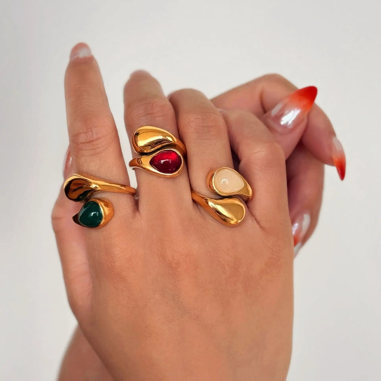 Double Water Drop Natural Stone 18K Gold Plated Rings