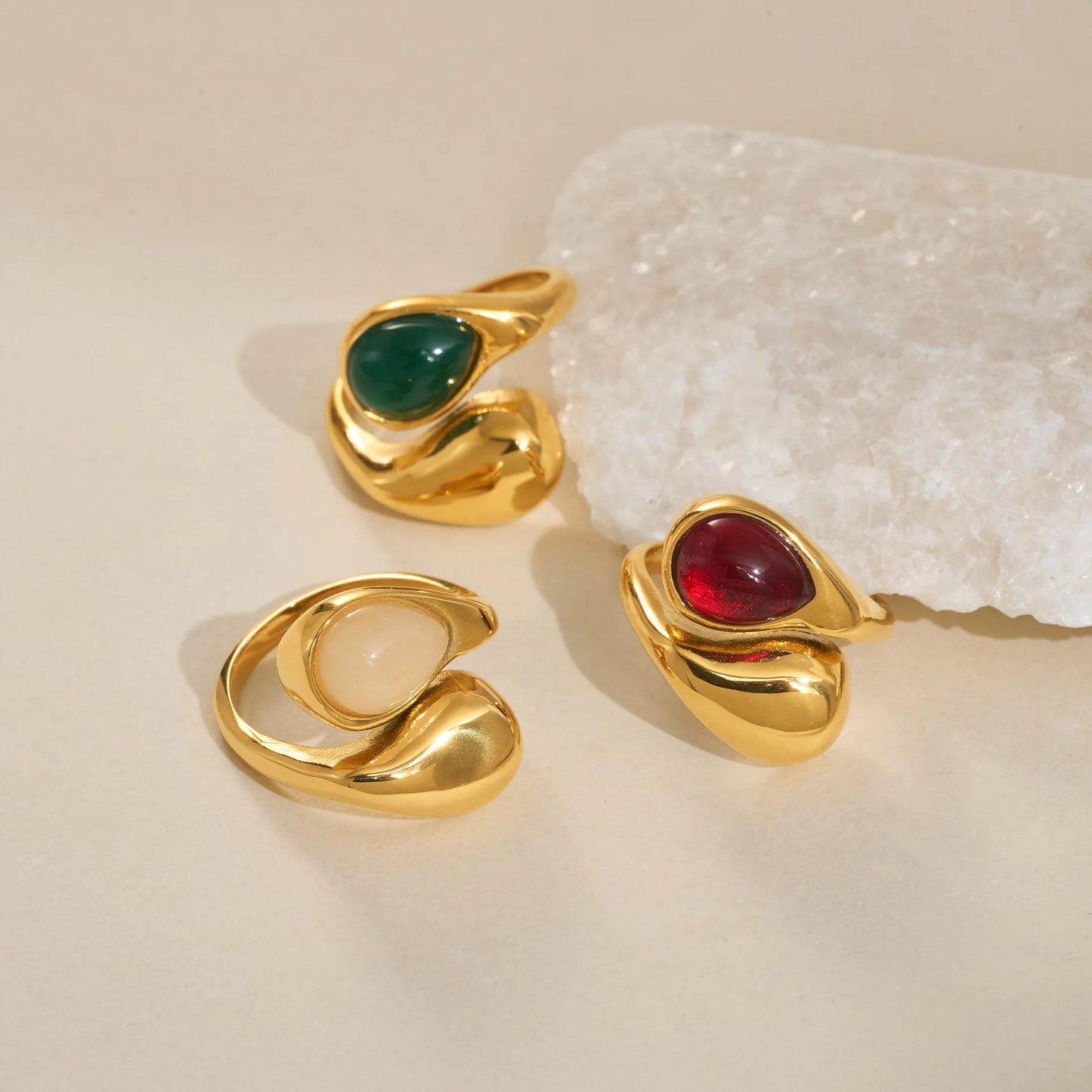 Double Water Drop Natural Stone 18K Gold Plated Rings