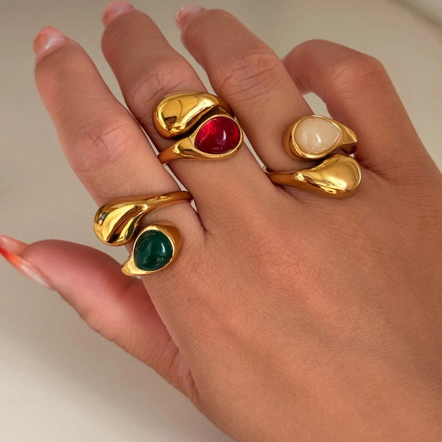 Double Water Drop Natural Stone 18K Gold Plated Rings
