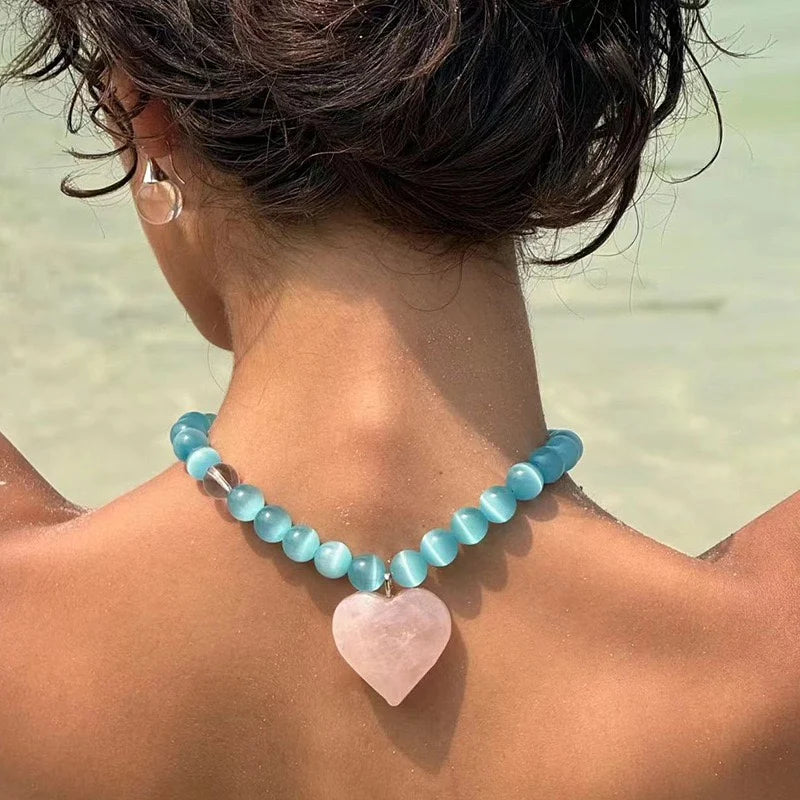 Pink Crystal & Green Beaded Necklace