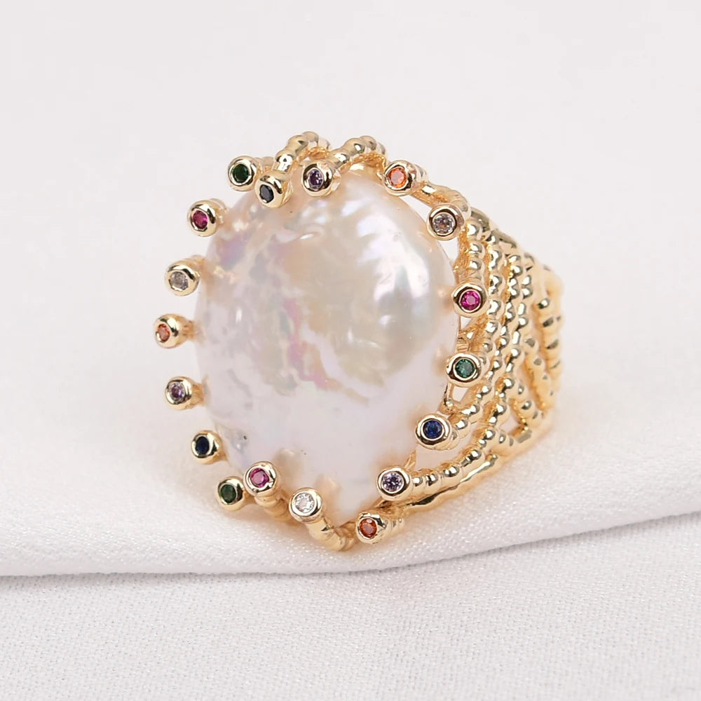 Pearl Mix Color Crystal Paved Gold Plated Ring