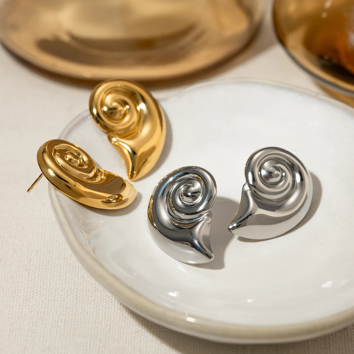 18K Gold Plated Stainless Steel Conch Spiral Shape Earrings