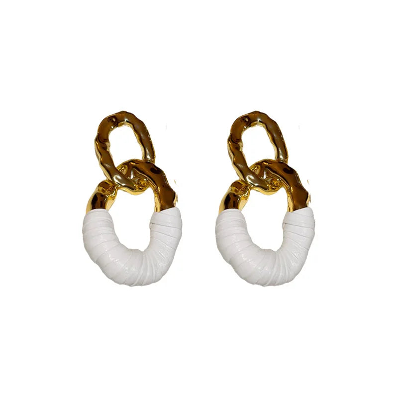 Statement Double Circle Interlock Leather Texture Earrings