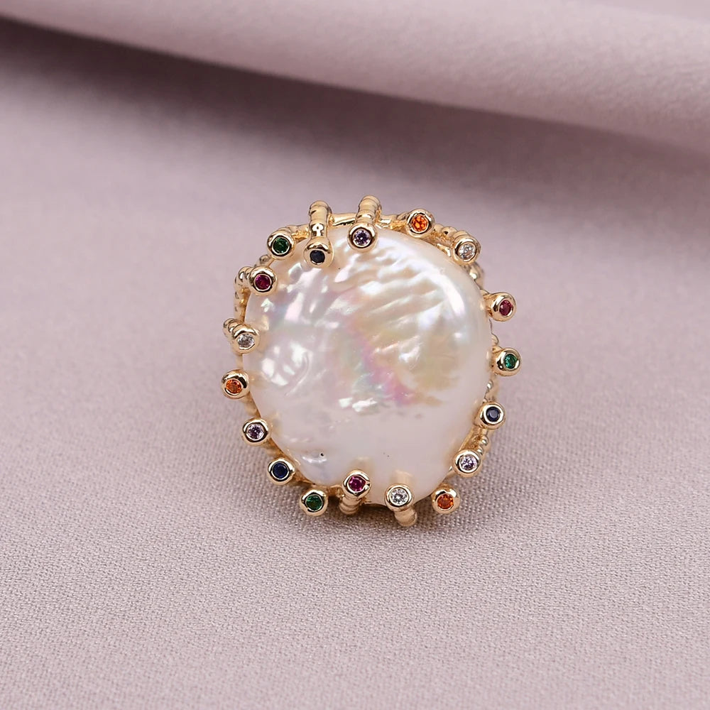 Pearl Mix Color Crystal Paved Gold Plated Ring
