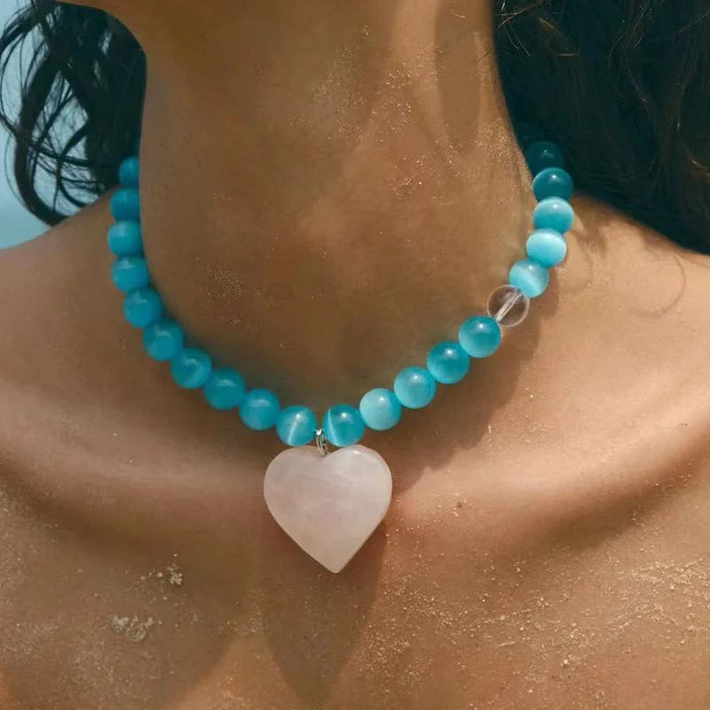 Pink Crystal & Green Beaded Necklace