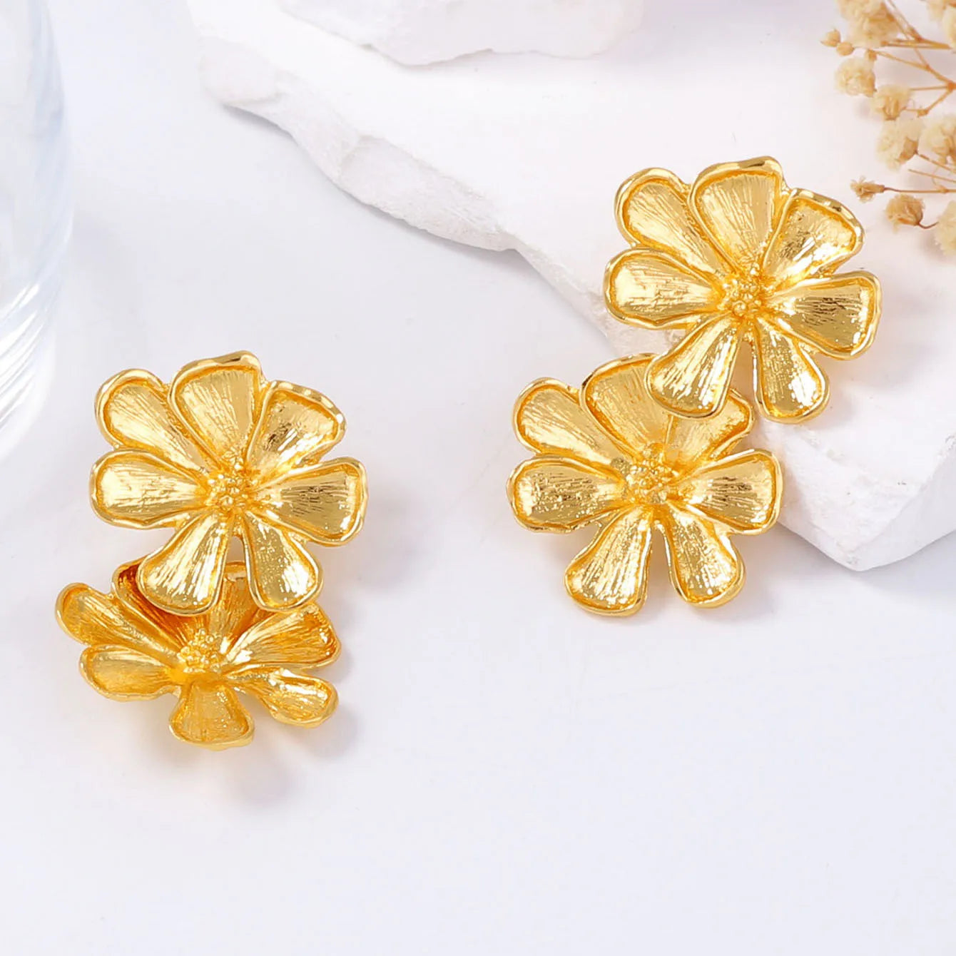Statement Double Layer Flower Dangle Earrings