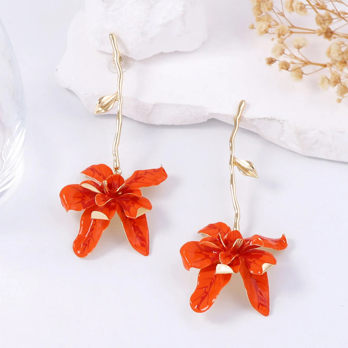 Statement Orange Metal Flower Long Earrings