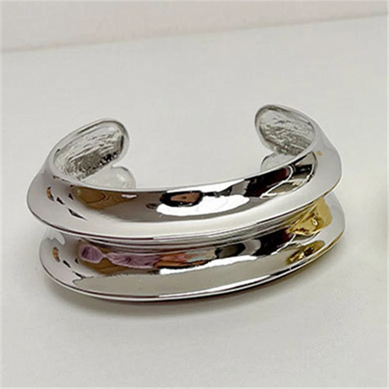 Double Layered Wave Smooth Chunky Open Bracelet