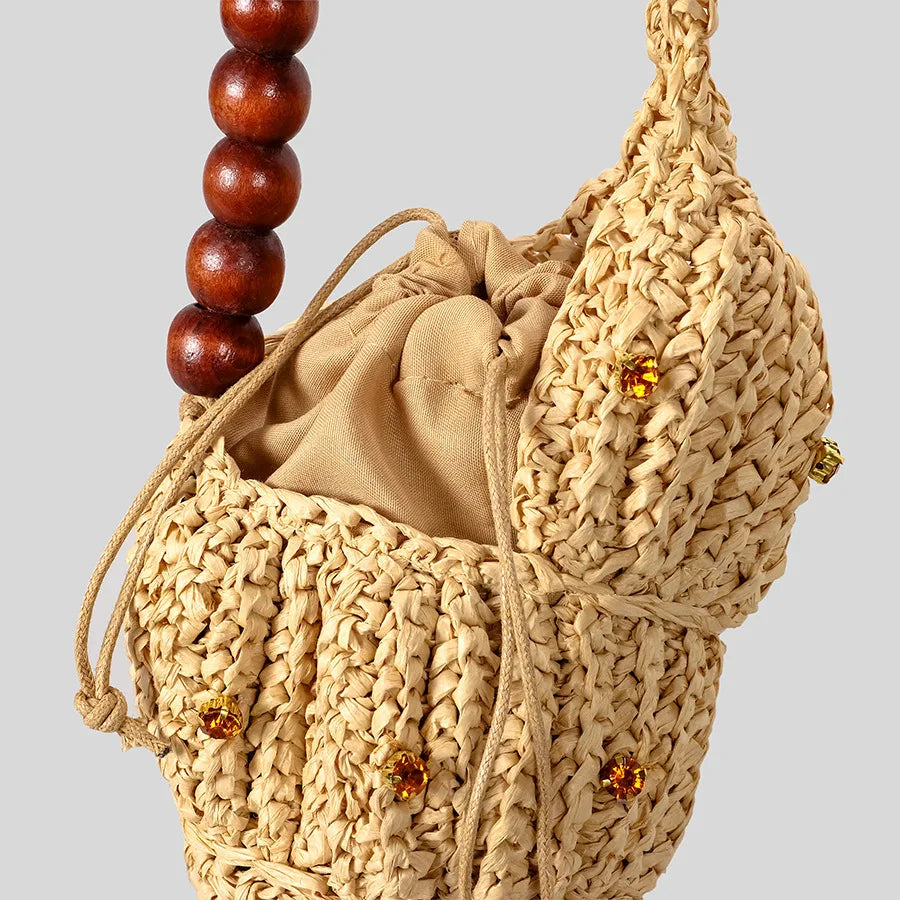 Conch Straw Woven Wooden Beading Strap Shoulder Bags
