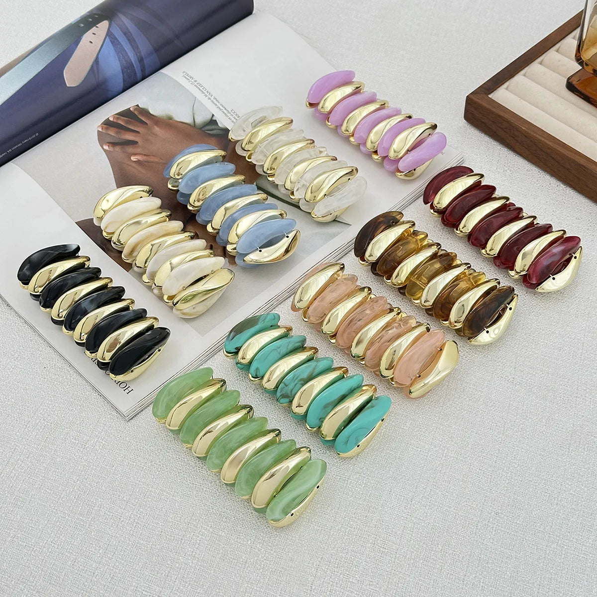 Geometric Wide Chunky Resin Elastic Bangle Bracelets