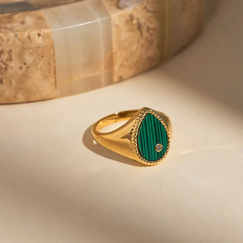 18K Gold Plated Malachite Droplet Signet Rings