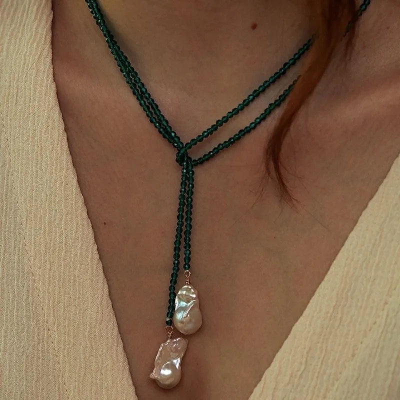 Baroque Pearl Green Sandstone Long Necklace
