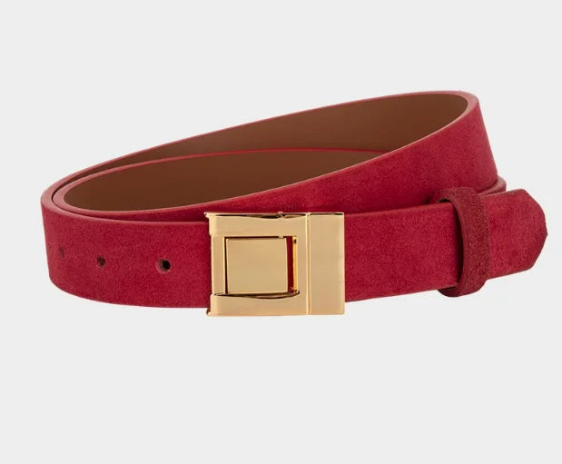 Gold Square Buckle Suede Genuine Leather Belt