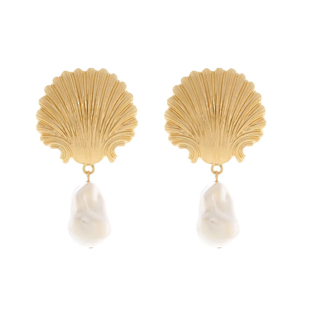 Baroque Pearl Sea Shell Dangle Earrings
