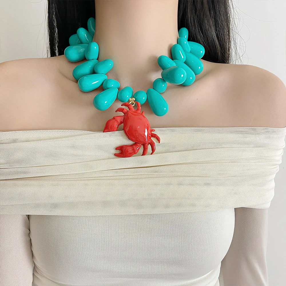 Chunky Beaded Crab Pendant Necklace