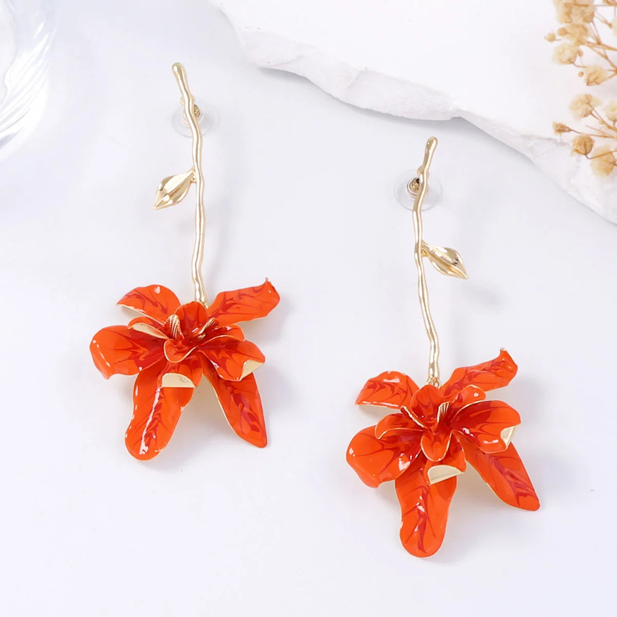 Statement Orange Metal Flower Long Earrings