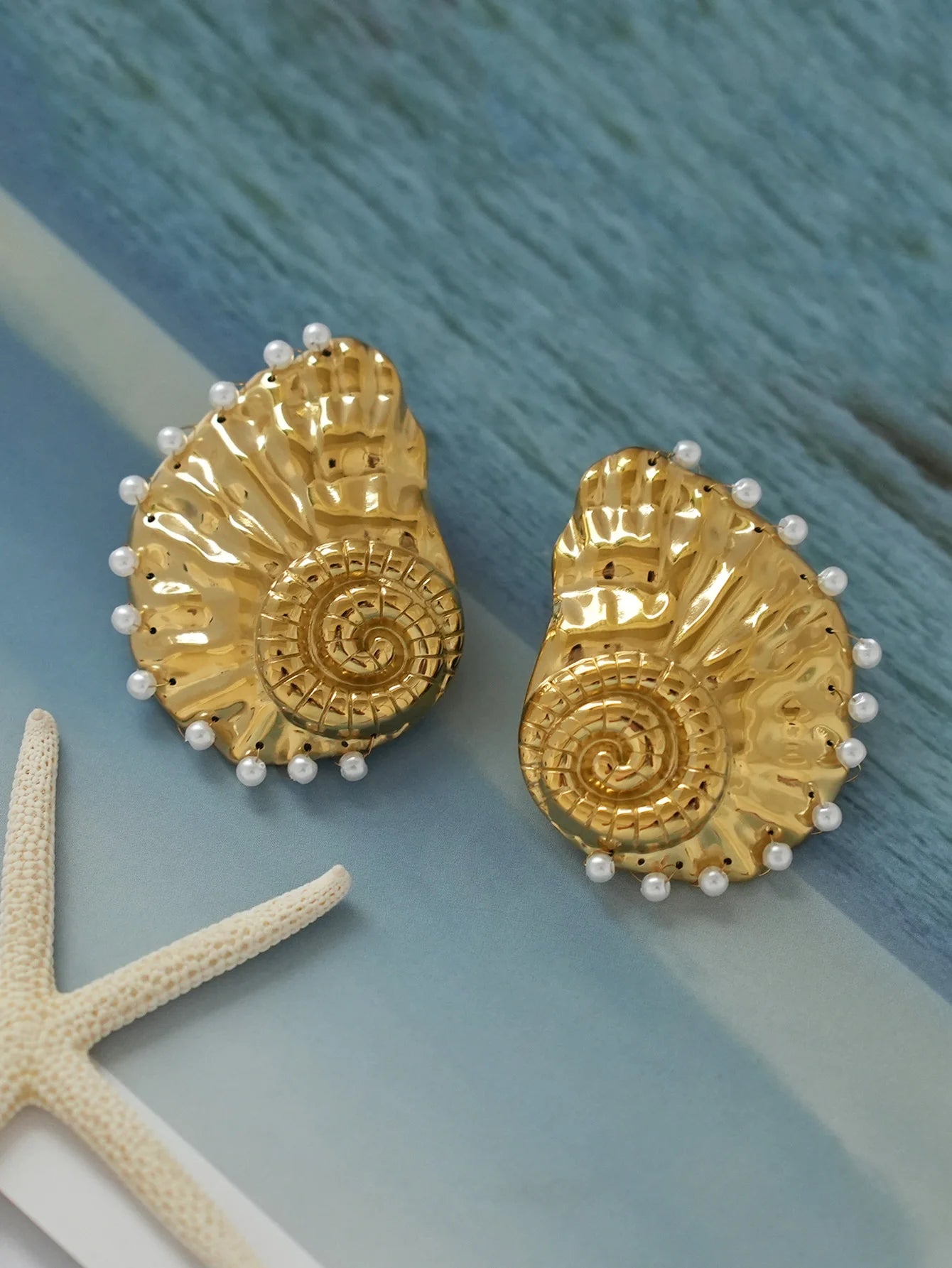 Ribbed Large Shells Thick Sea Shell Stud Earrings