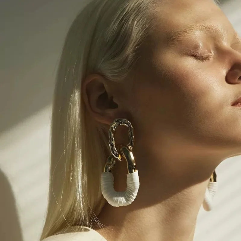 Statement Double Circle Interlock Leather Texture Earrings