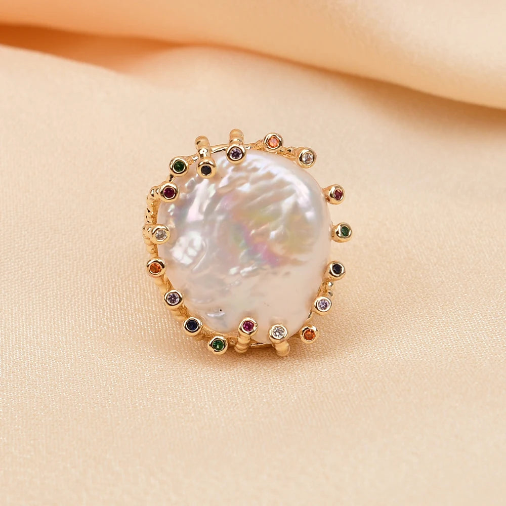 Pearl Mix Color Crystal Paved Gold Plated Ring