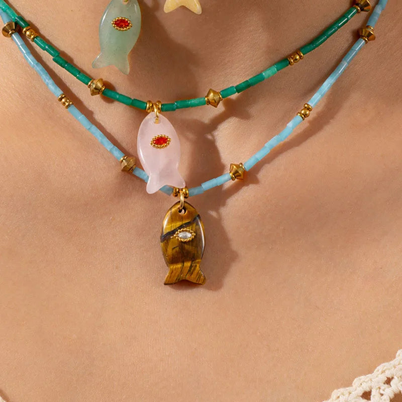 Natural Stone Beaded Fish Necklaces