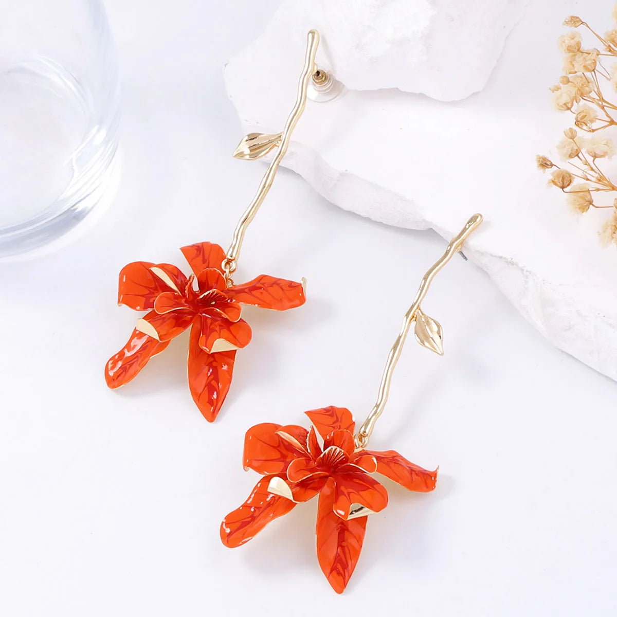 Statement Orange Metal Flower Long Earrings