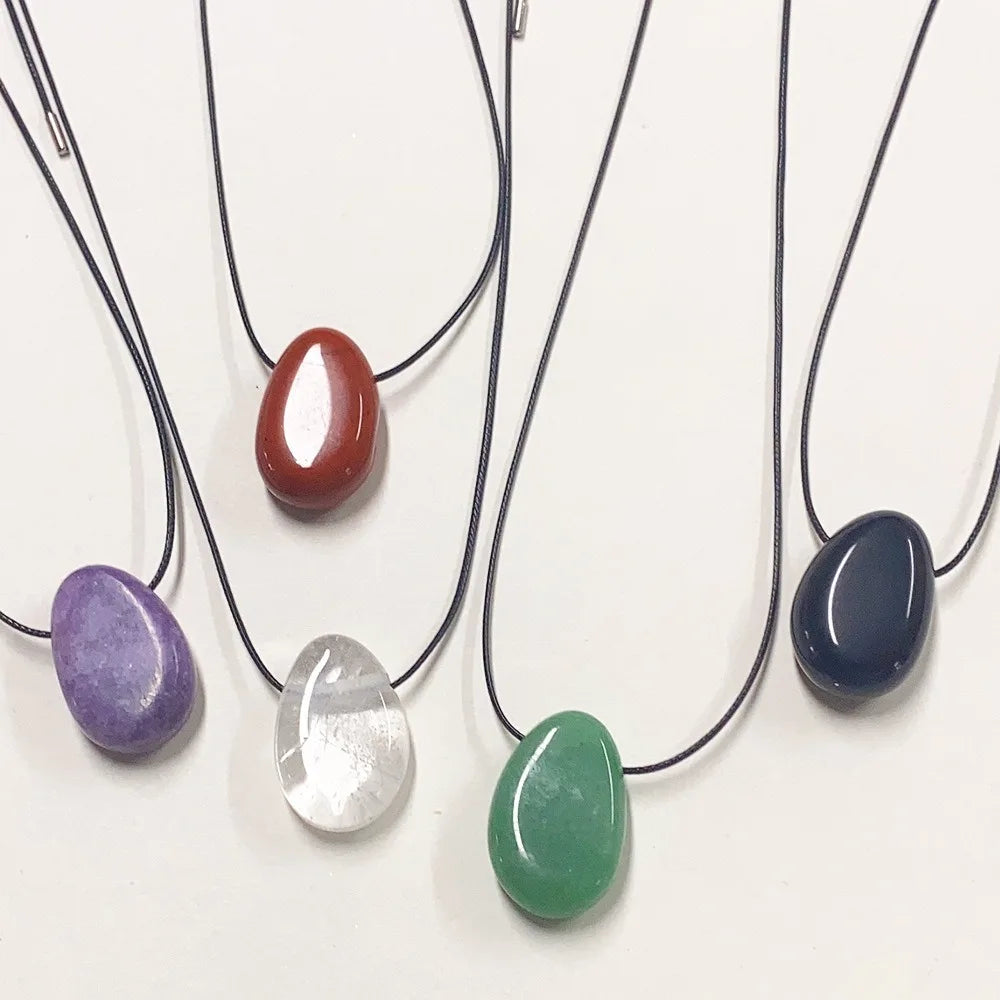 Minimalist Stone Pendant Necklace Adjustable Black Rope