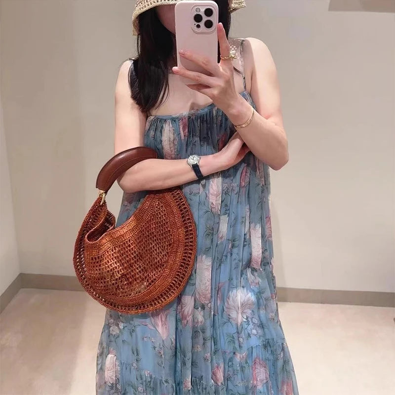 Banana Handle Straw Crochet Hobo Bag