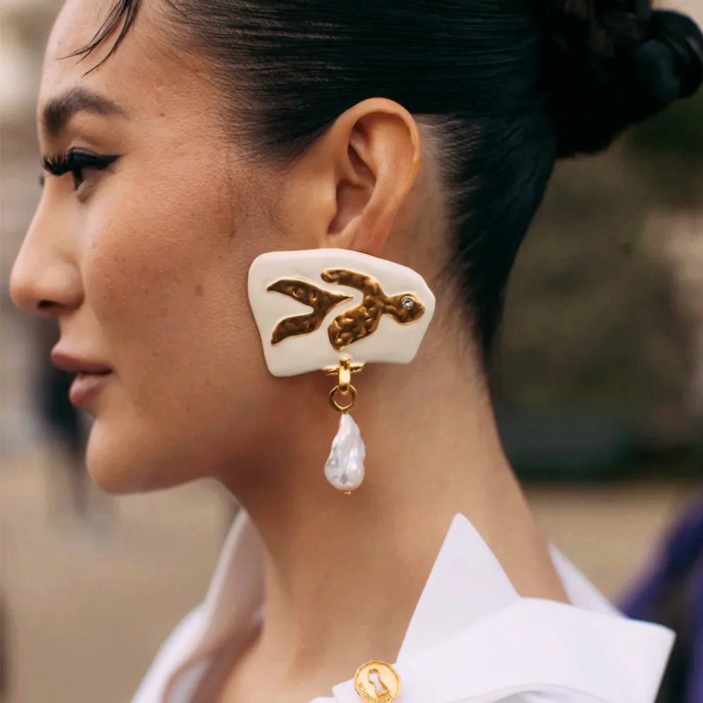 Baroque Enameled Dangle Pearl Earrings