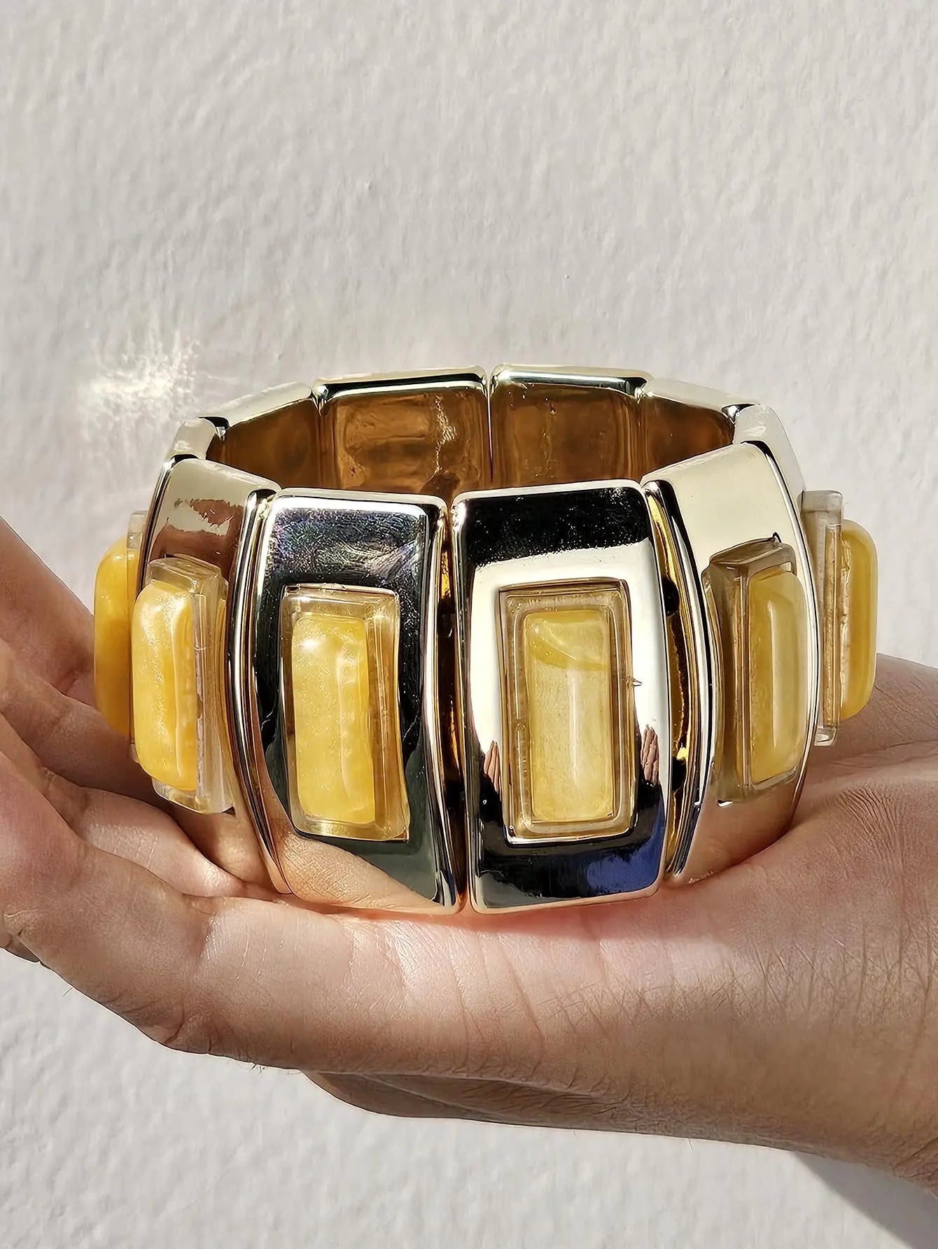Chunky Exaggerated Irregular Square Round Yellow White Texture Silver Plated Resin Bracelets