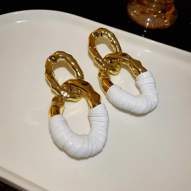 Statement Double Circle Interlock Leather Texture Earrings