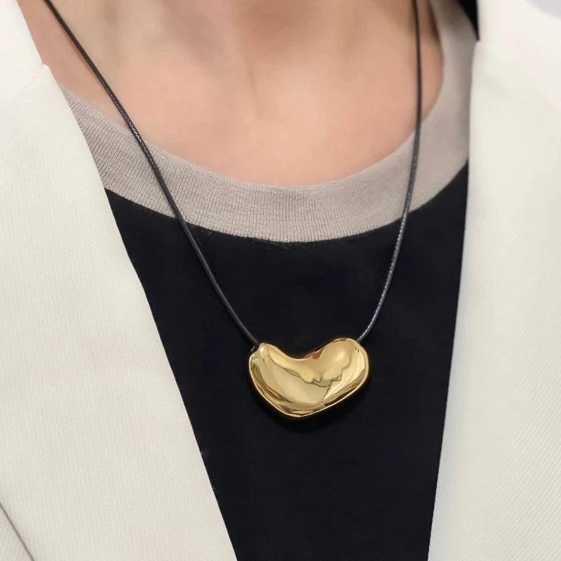 Black Cord Irregular Metal Pendant Necklace