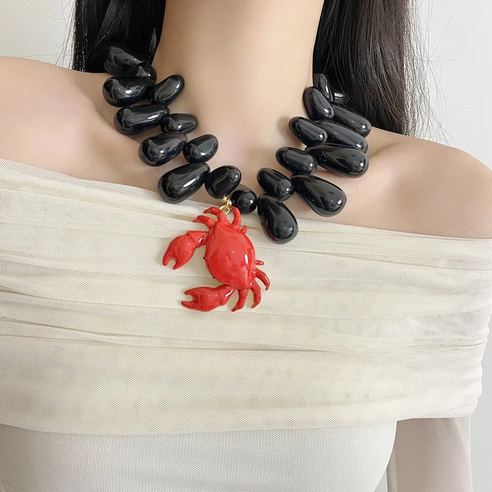 Chunky Beaded Crab Pendant Necklace