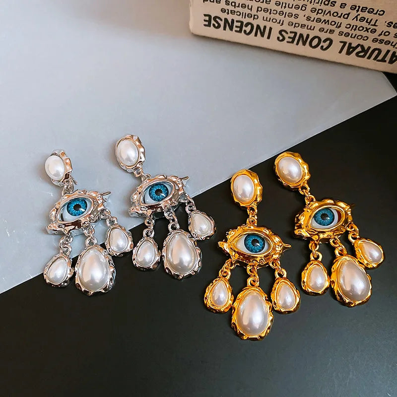 Pearl Evil Eyes Tassel Dangle Earrings