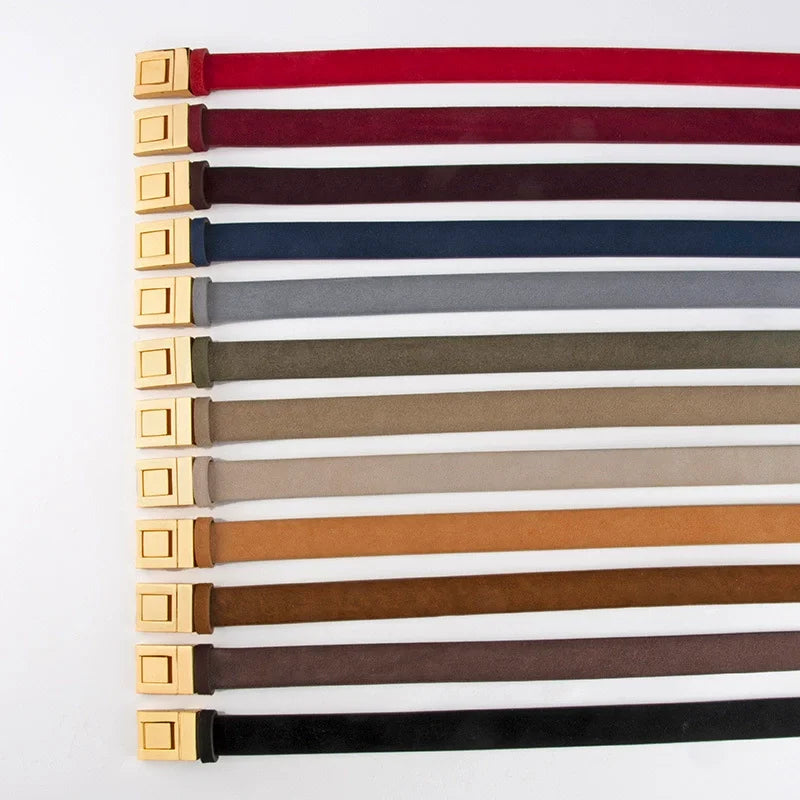 Gold Square Buckle Suede Genuine Leather Belt