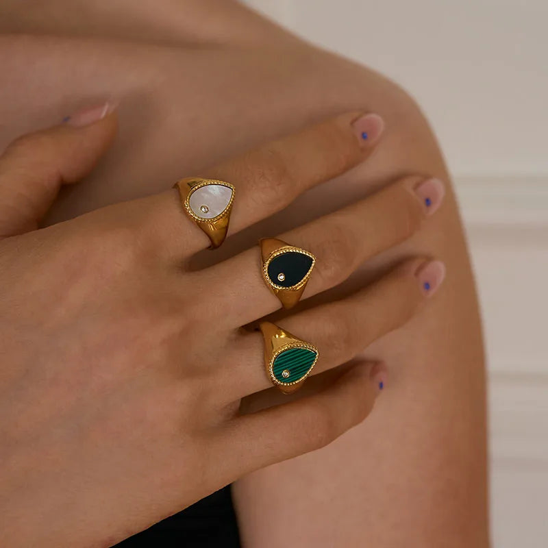 18K Gold Plated Malachite Droplet Signet Rings