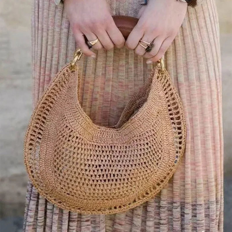 Banana Handle Straw Crochet Hobo Bag