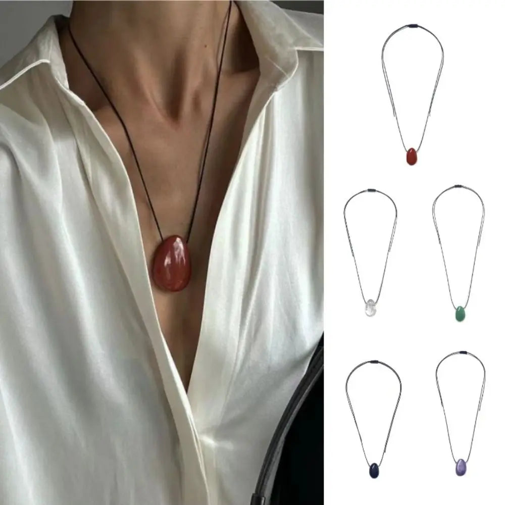 Minimalist Stone Pendant Necklace Adjustable Black Rope