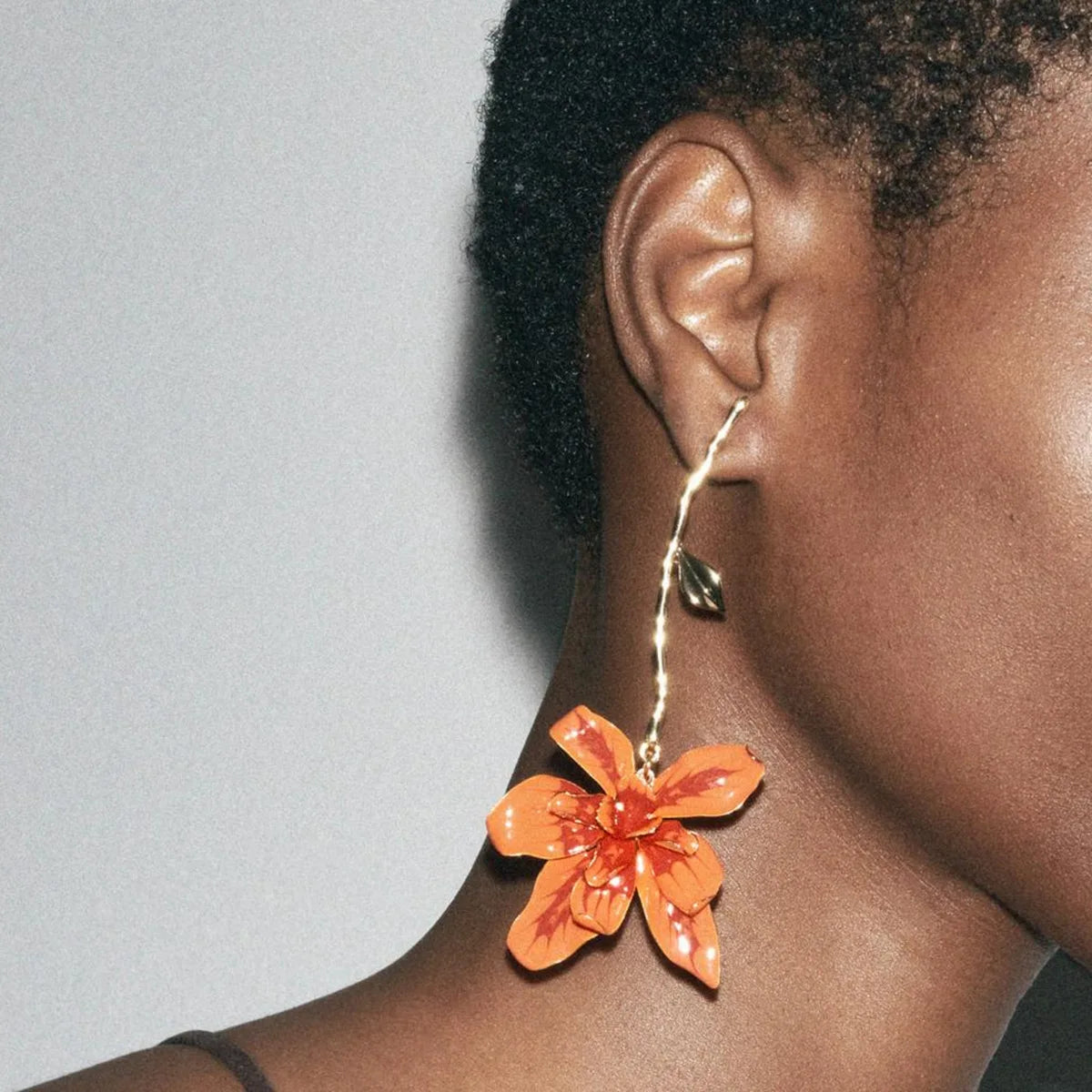 Statement Orange Metal Flower Long Earrings