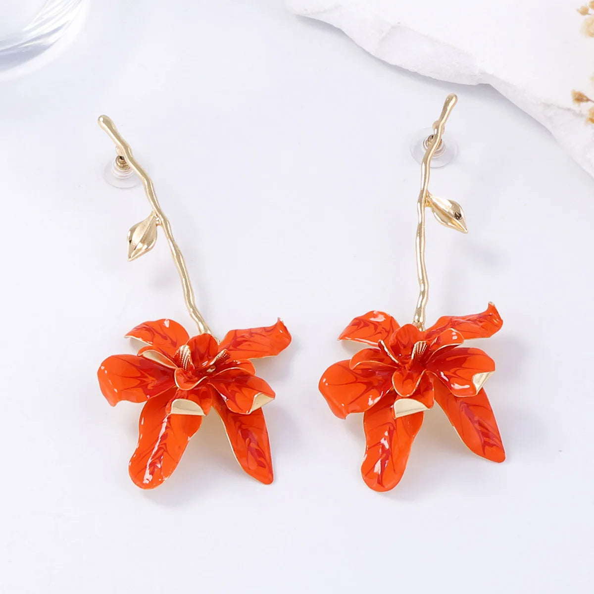Statement Orange Metal Flower Long Earrings