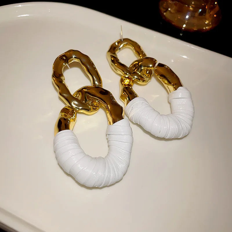 Statement Double Circle Interlock Leather Texture Earrings