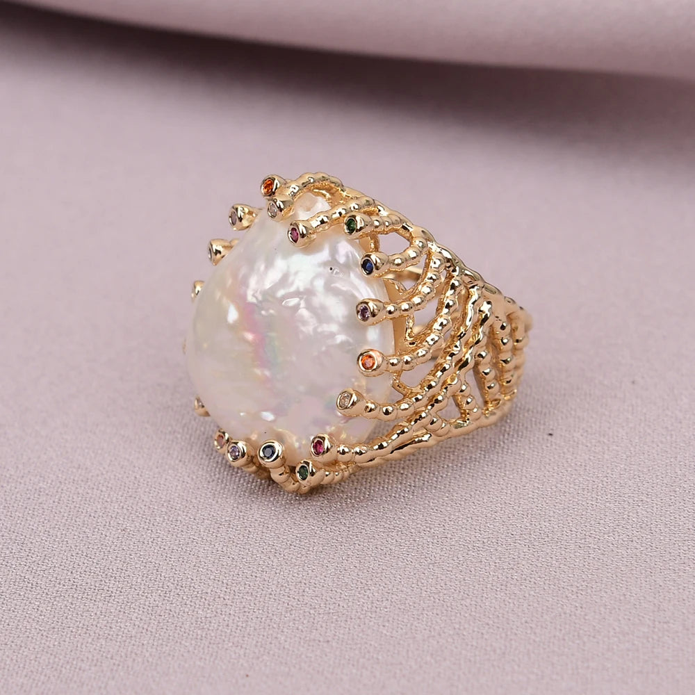 Pearl Mix Color Crystal Paved Gold Plated Ring