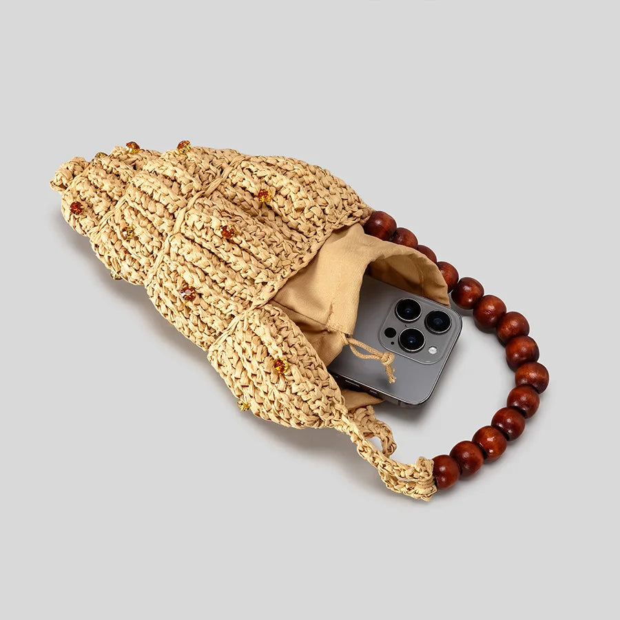 Conch Straw Woven Wooden Beading Strap Shoulder Bags