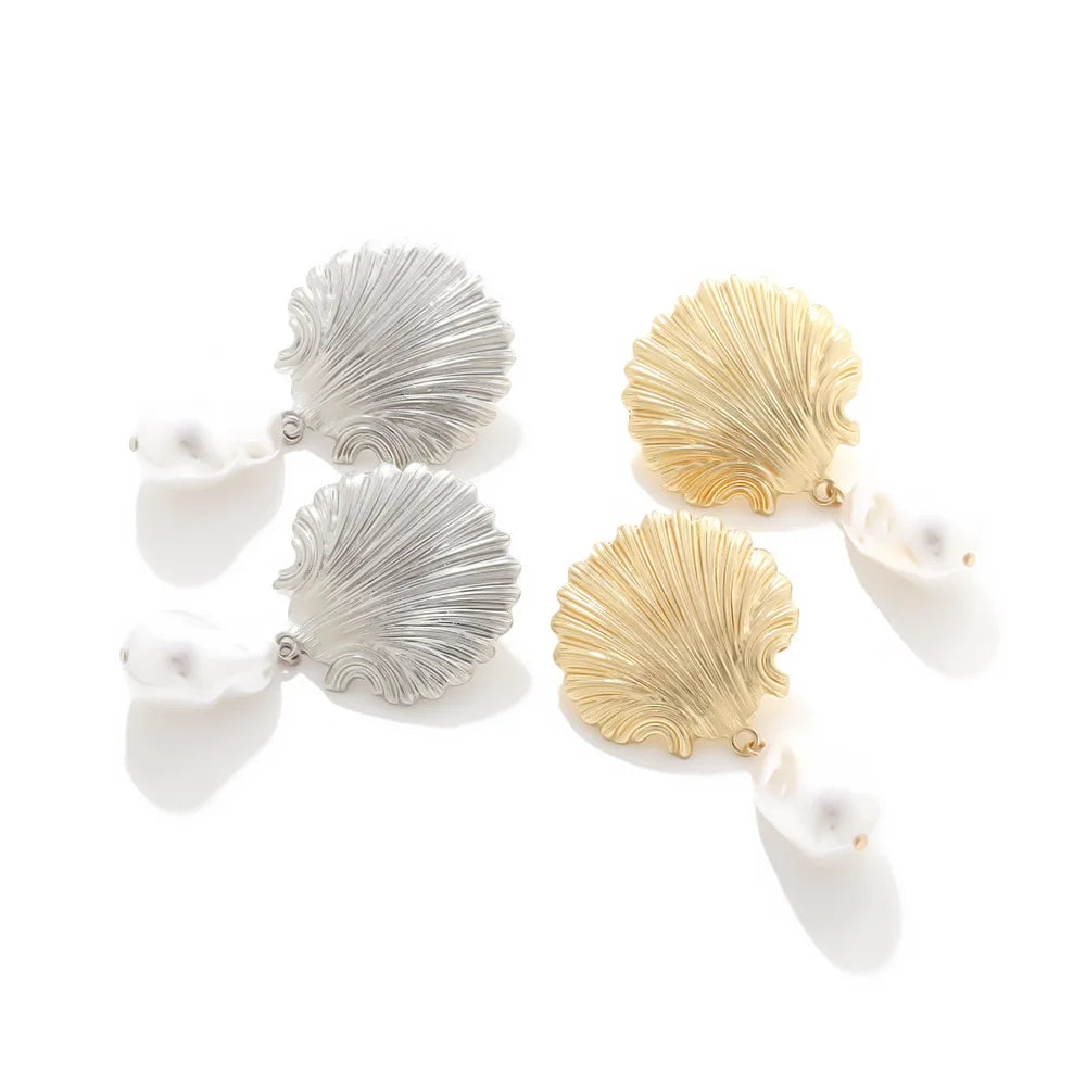 Baroque Pearl Sea Shell Dangle Earrings