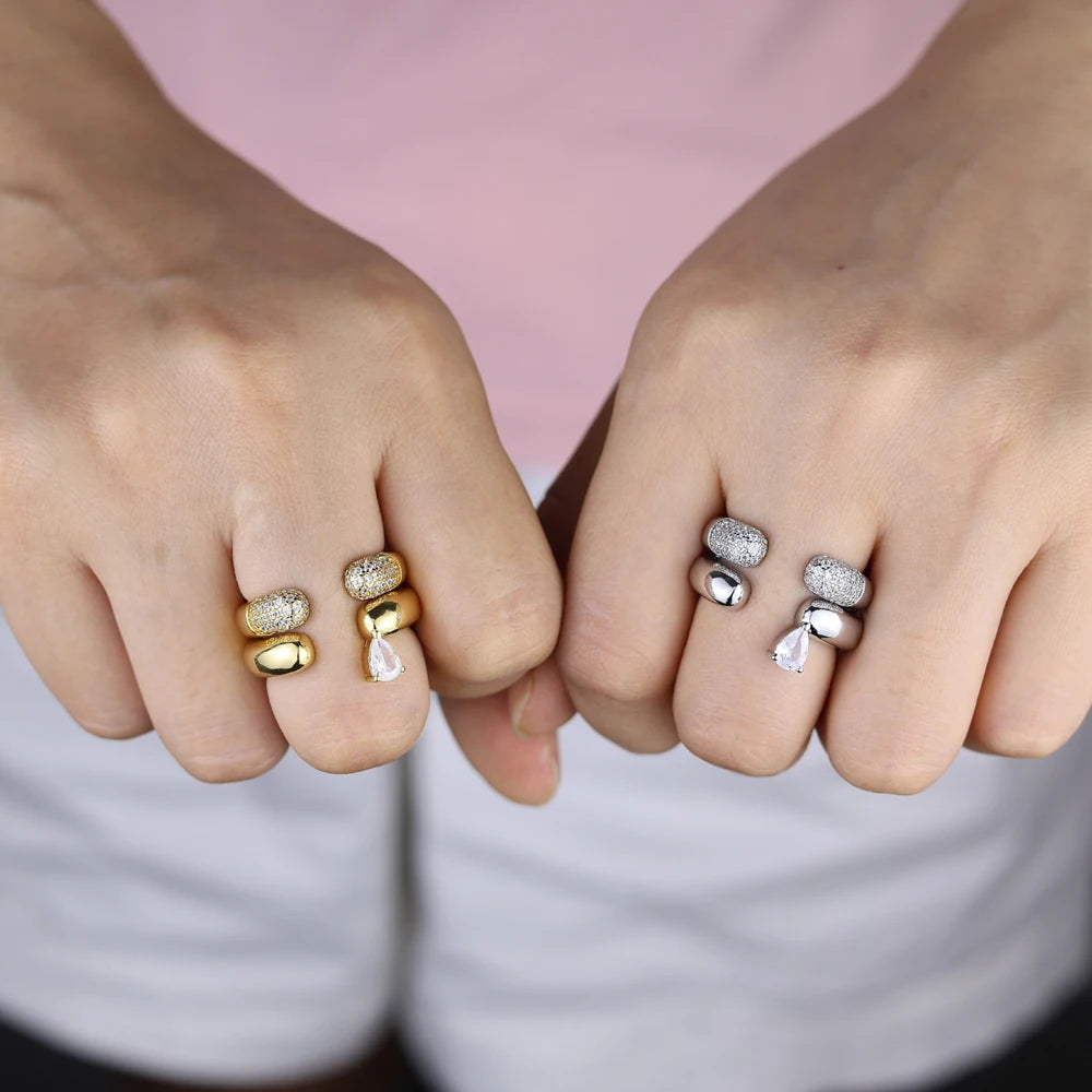 Stacking Open Rings Pave Bling Water Drop Cubic Zirconia