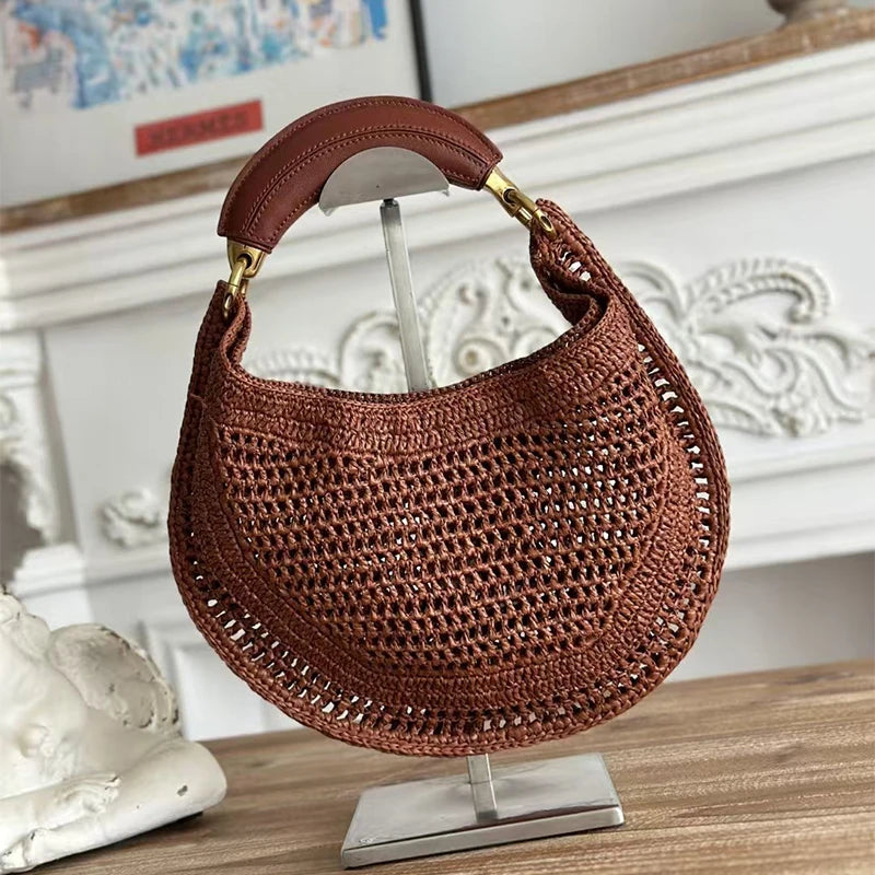 Banana Handle Straw Crochet Hobo Bag