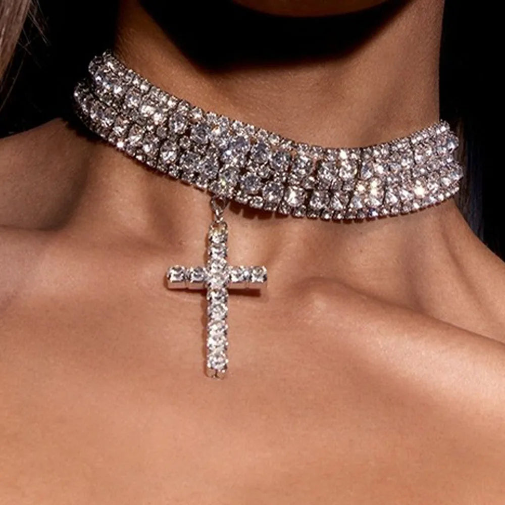 Rhinestone Cross Choker Necklace