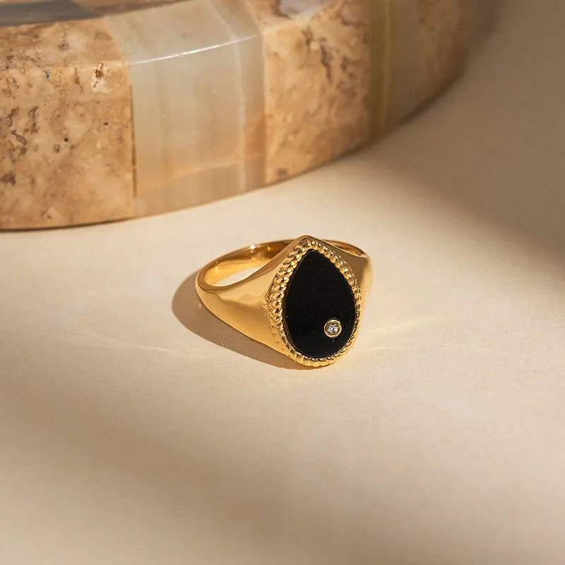 18K Gold Plated Malachite Droplet Signet Rings