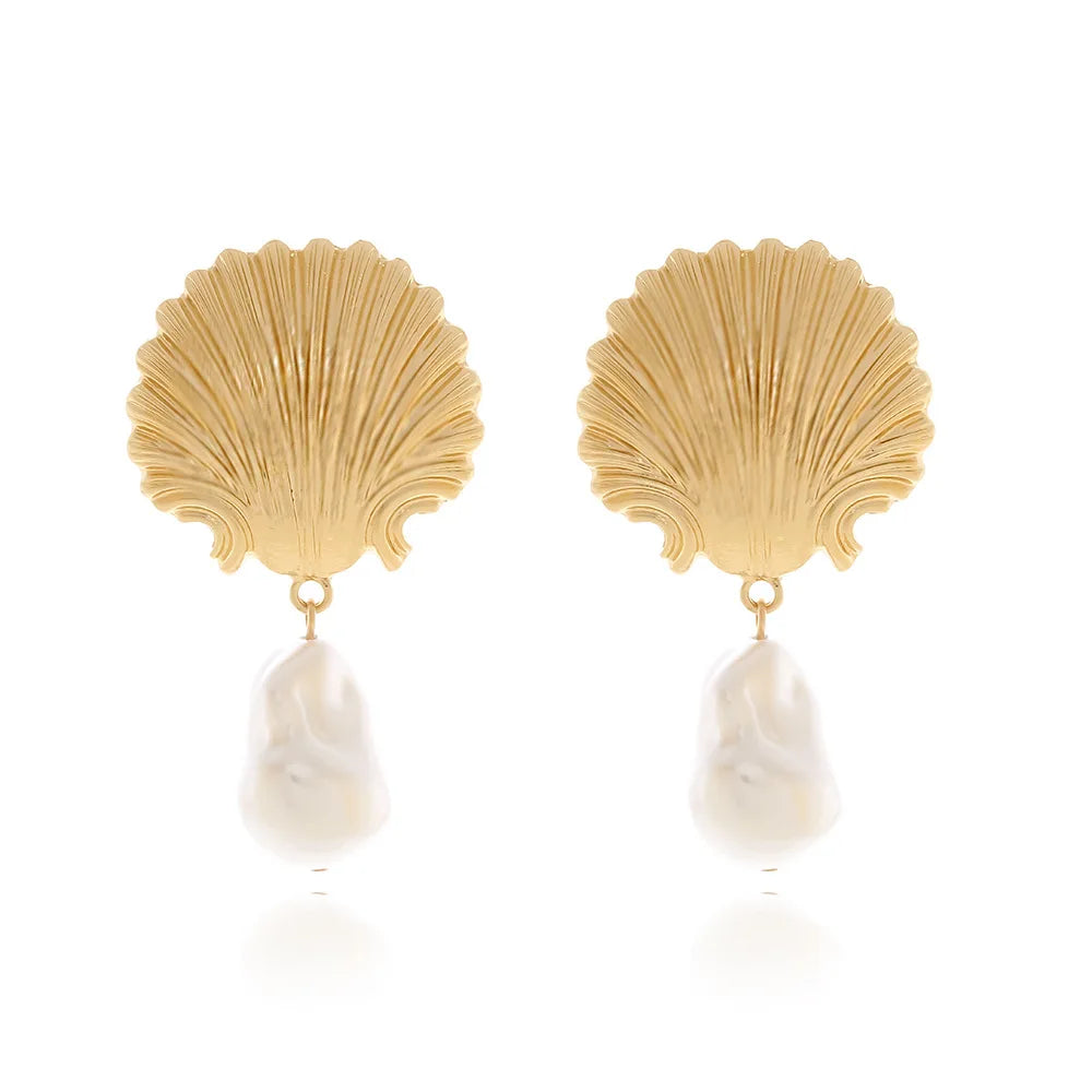 Baroque Pearl Sea Shell Dangle Earrings