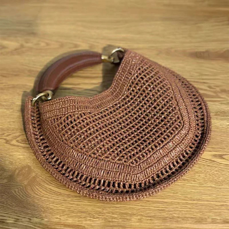 Banana Handle Straw Crochet Hobo Bag