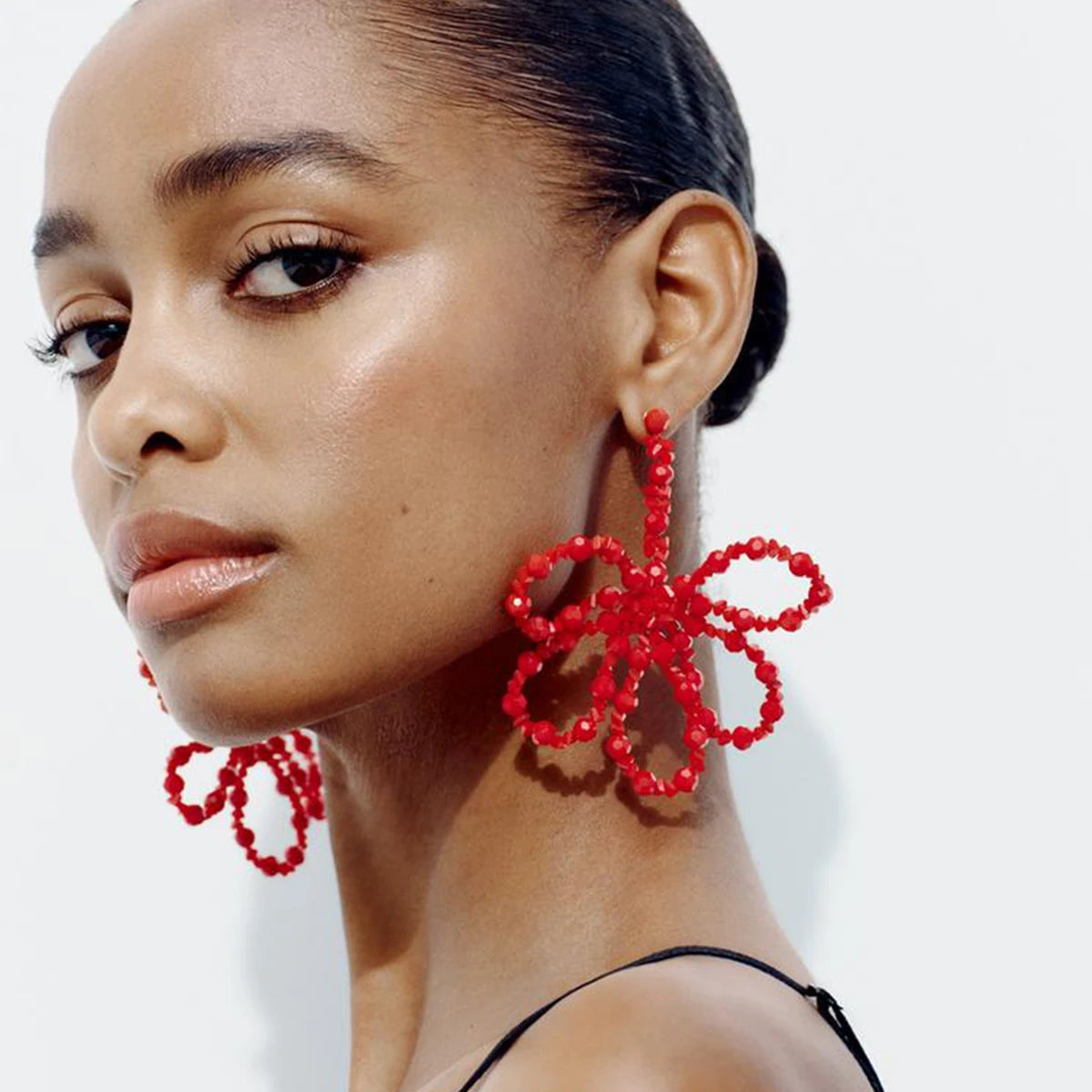 Handmade Beads Red Flower Drop Earrings